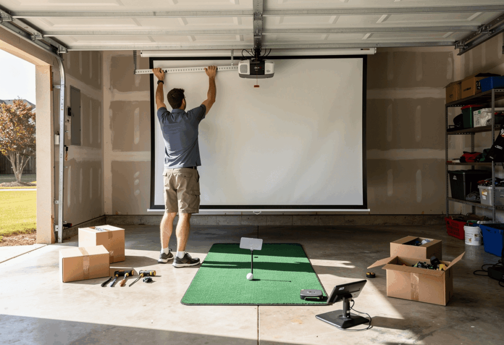 a man setting up a golf simulator in your garage