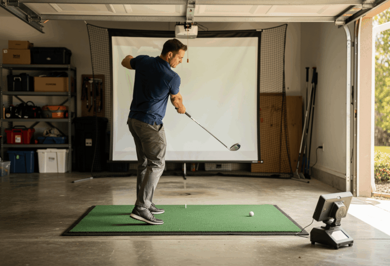 A man using his golf simulator, which costs less than $1,000